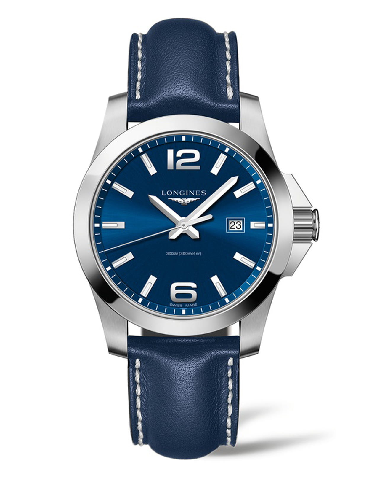 Longines Longines Conquest L3.760.4.96.7  L37604967 кварцевые мужские часы синий циферблат, браслет кожаный — вид спереди